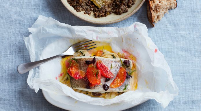Thomasina Miers’ recipe for pollock and blood orange en papillote